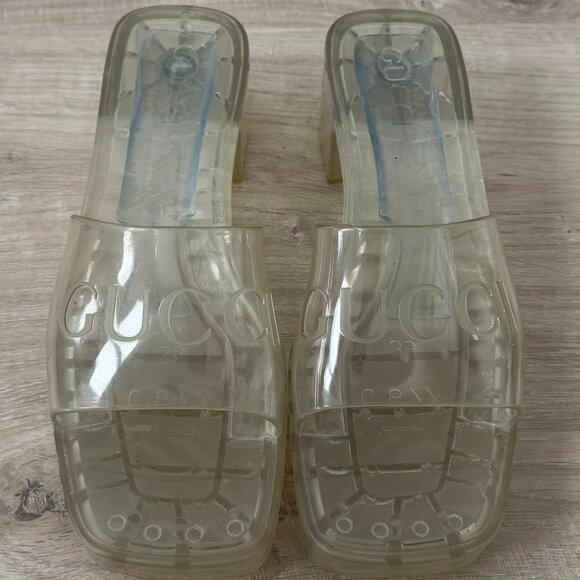 Gucci Clear Block Heel Platform Logo Slide Sandals size 35 - Picture 1 of 7